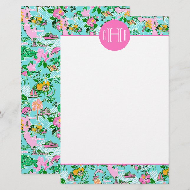 Carte Floride Preppy Palm Beach Motif Monogrammé (Devant / Derrière)