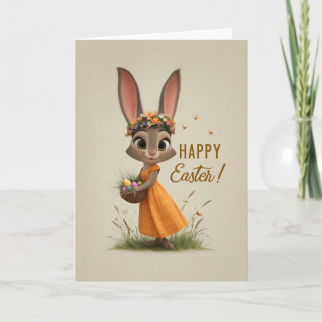 Carte Flower-Crown Bunny in Orange Dress Easter Card (Devant)