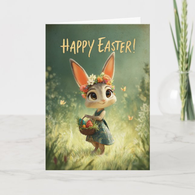 Carte Flower-Crown Bunny with Easter Basket Meadow Card (Devant)