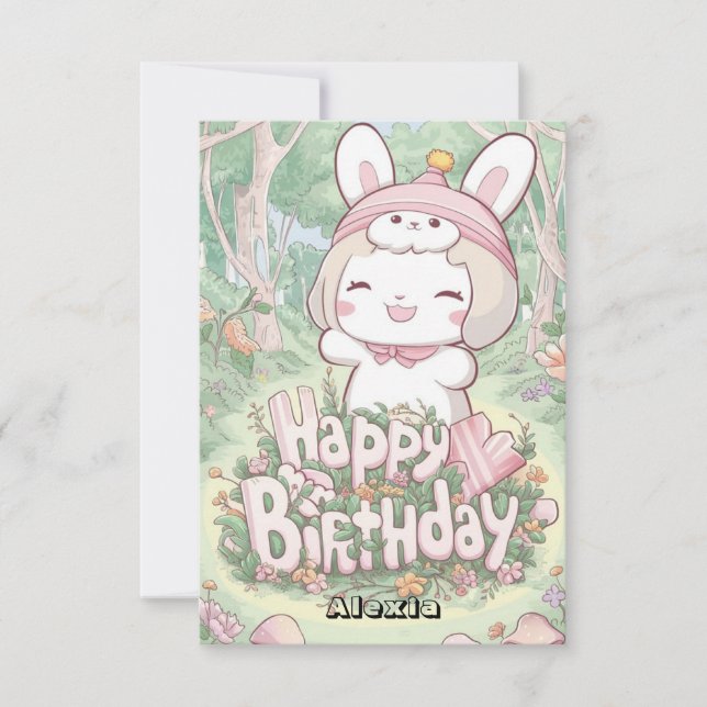 Carte Fluffy Bunny numérique modifiable Anniversaire (Devant)