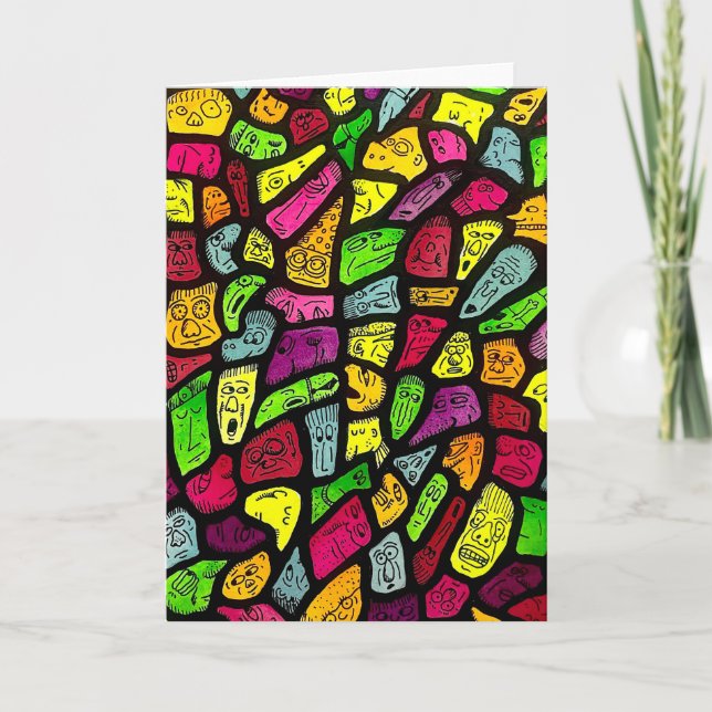 Carte Fluorescent Cartoon Weird Faces Drawing Card (Devant)