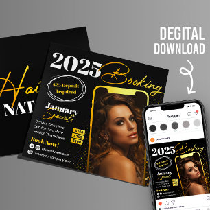 Carte Flyer Gold Black Modern Hair Salon Instagram