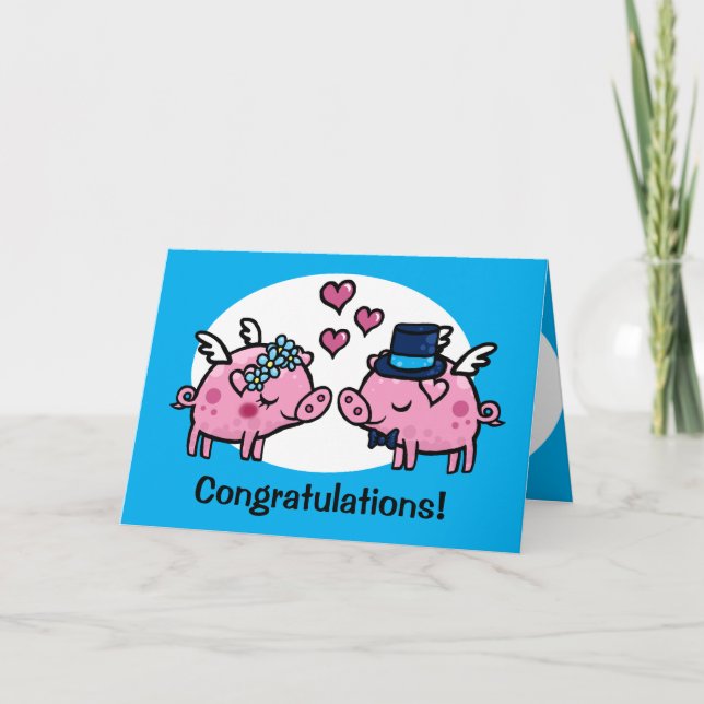 Carte Flying Pig Bride and Groom personnalisable (Devant)