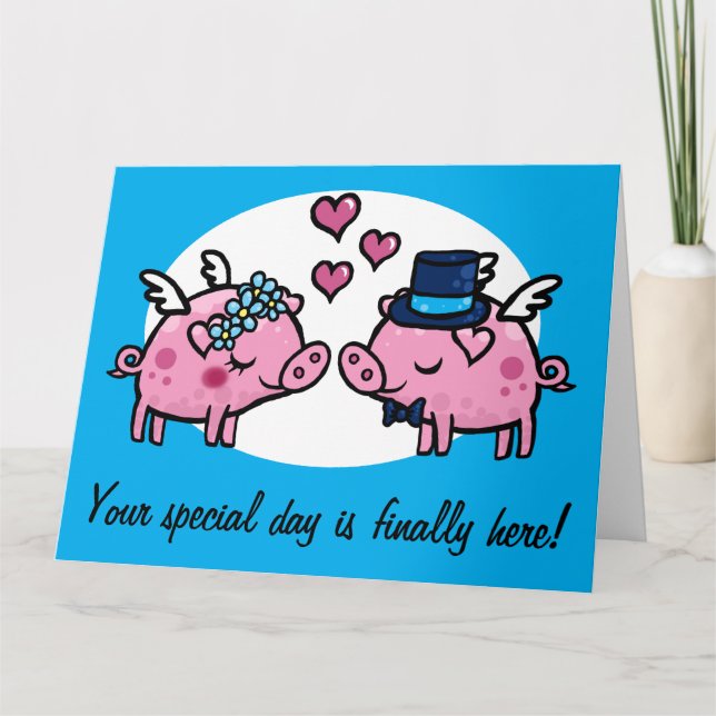 Carte Flying Pig Bride and Groom personnalisable Greetin (Devant)