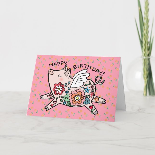 Carte Flying Pig Cute Joyeux Anniversaire Angel Pig Flor (Devant)