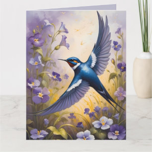 Carte Flying Swallow Field of Violet Flowers
