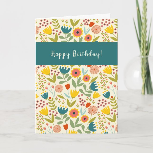 Carte Folk Art Floral Joyeux Anniversaire Ajouter un âge (Devant)