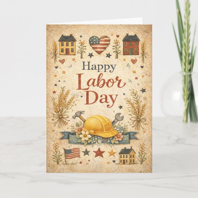 Carte Folk Art Patriotic Happy Labor Day (Devant)
