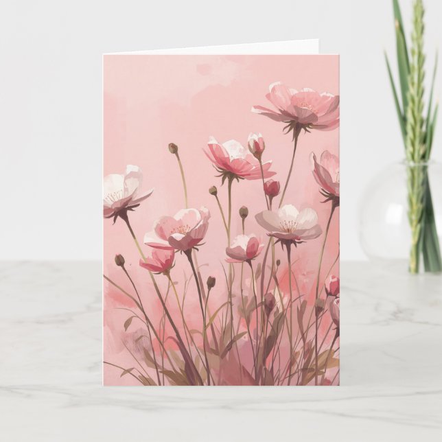 Carte Fond rose poudré avec coquelicots loup (Devant)