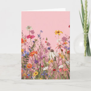 Carte Fond Rose Poudré avec Fleurs Sauvages