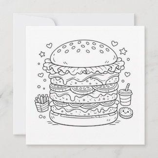 Carte Food Burger Coloring Page Black White Card