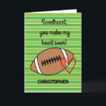 Carte Football Boyfriend Anniversaire<br><div class="desc">Une carte d'anniversaire de football personnalisée pour lui avec un football et un coeur sur le devant avec un endroit pour vous d'ajouter leur nom. Le message de la carte intérieure a un message d'anniversaire de jeu de football, qui peut également être personnalisé si désiré. Une carte unique d'anniversaire de...</div>
