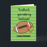 Carte Football Boyfriend Anniversaire<br><div class="desc">Une carte d'anniversaire de football personnalisée pour lui avec un football et un coeur sur le devant avec un endroit pour vous d'ajouter leur nom. Le message de la carte intérieure a un message d'anniversaire de jeu de football, qui peut également être personnalisé si désiré. Une carte unique d'anniversaire de...</div>