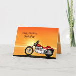 Carte For Godfather, Motorcycle sunset birthday card<br><div class="desc">A motorbike similar to a Harley standing by the sea with a glorious orange sunset. A great card for anybody who likes biking and motorcycles.See the whole range of cards for ages and relationships in my store. All artiwork copyright Norma Cornes</div>