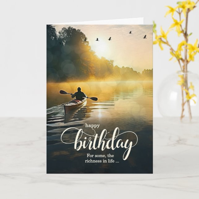 Carte For Him on His Birthday Rowing Kayak on Lake (Fleur jaune)