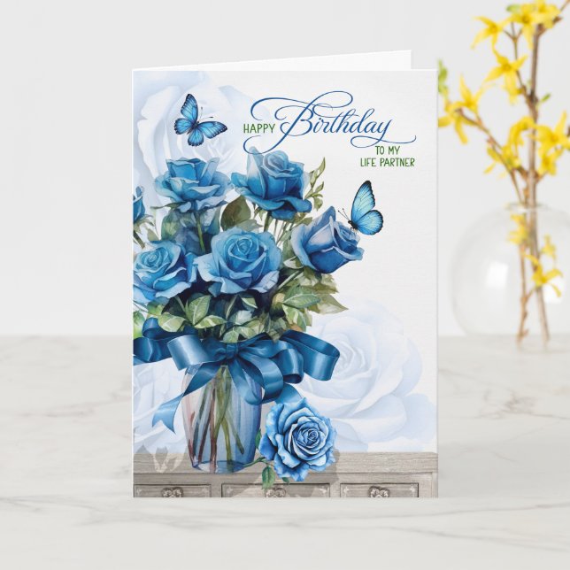 Carte for Life Partner Birthday Vase of Blue Roses (Fleur jaune)