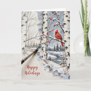 Carte Forêt de bouleaux de Noël et peinture de cardinal