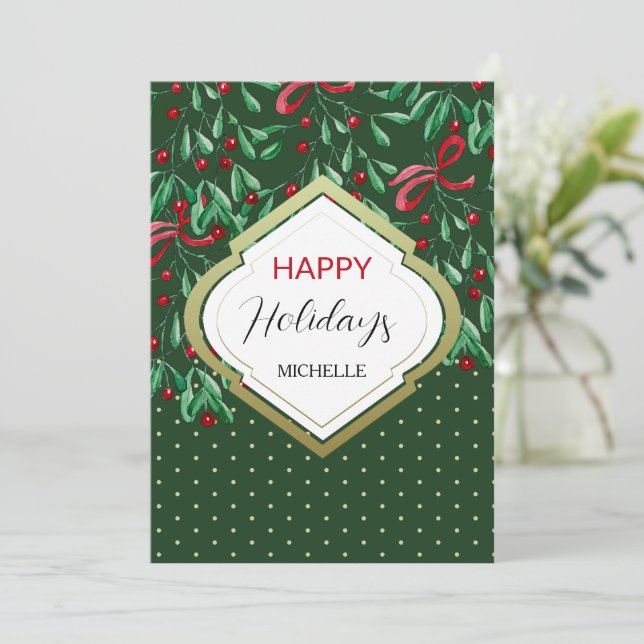 Carte Forêt Vert Aquarelle Boho Mistletos vacances (Debout devant)