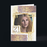 Carte Formes de parties scintillant géométriques moderne<br><div class="desc">Célébrez votre 21e anniversaire avec ce design moderne et chic avec des lignes géométriques en faux or qui encadrent un cadre photo géométrique carré qui a parties scintillant rose et or bandes sur le haut et le bas qui semblent scintiller et briller. Les chiffres vingt un apparaissent dans un faux...</div>