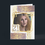 Carte Formes de parties scintillant géométriques moderne<br><div class="desc">Célébrez votre 21e anniversaire avec ce design moderne et chic avec des lignes géométriques en faux or qui encadrent un cadre photo géométrique carré qui a parties scintillant rose et or bandes sur le haut et le bas qui semblent scintiller et briller. Les chiffres vingt un apparaissent dans un faux...</div>
