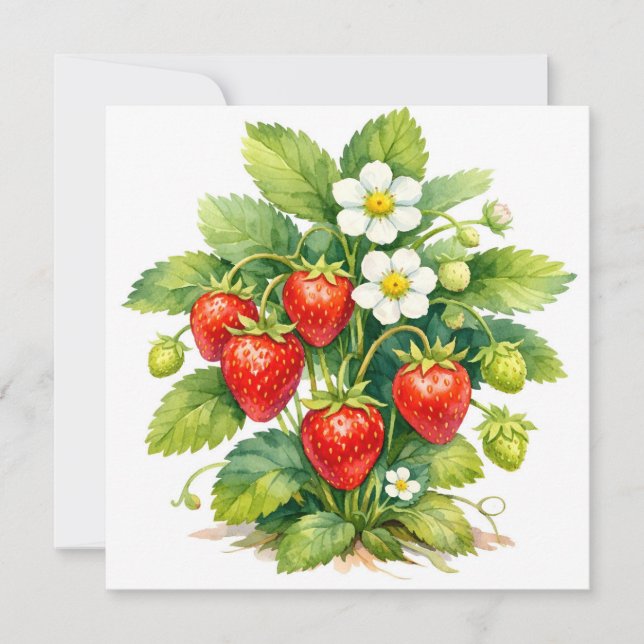 Carte Fraises à l'aquarelle et fleurs de baies  (Devant)