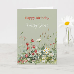 Carte Fraises Vertes Fleurs de Marguerite Anniversaire