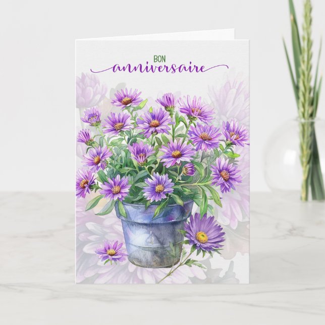 Carte French Birthday Bon Anniversaire Purple Asters (Devant)