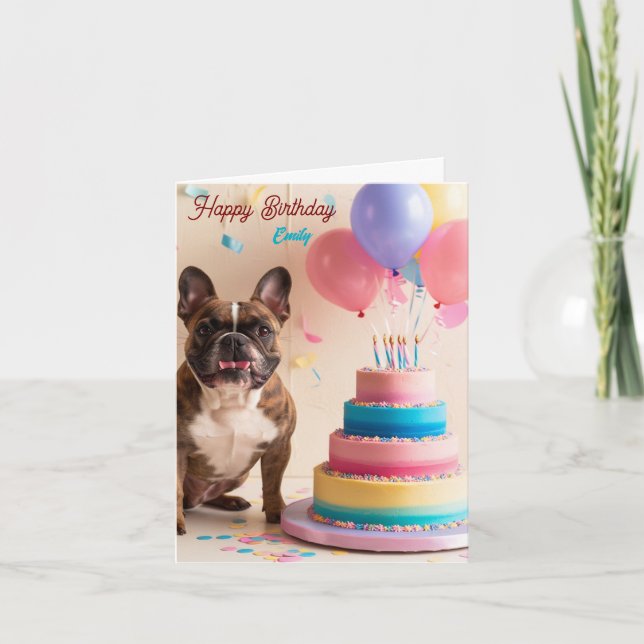 Carte French Bulldog avec gâteau d'anniversaire (Devant)