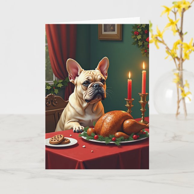 Carte French Bulldog Christmas Eve Feast Painting (Fleur jaune)