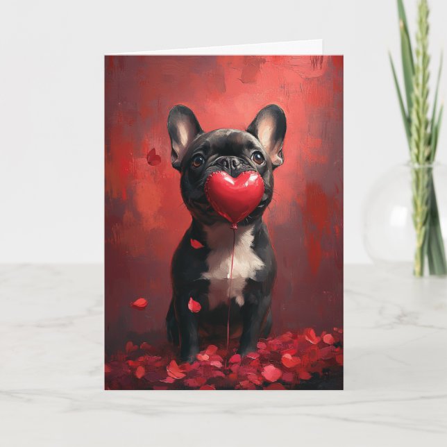Carte French Bulldog Holding Heart Balloon Valentine's (Devant)