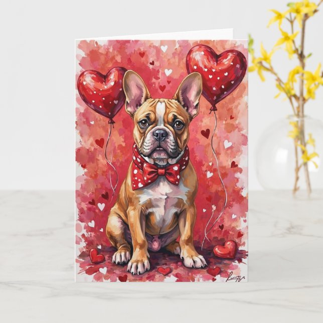 Carte French Bulldog Valentine’s Day Dog with Hearts Red (Fleur jaune)