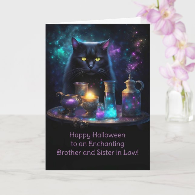Carte Frère et soeur en droit Chat noir mignon Halloween (Orchidée)