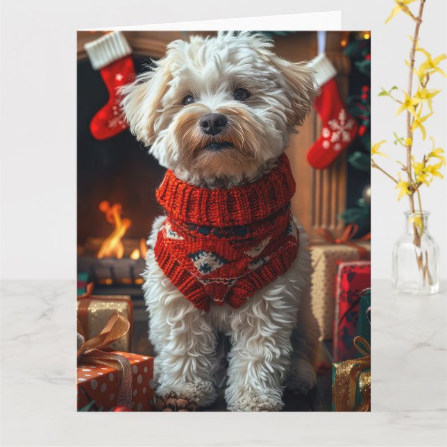 Carte Frise de Bichon Chien avec les cadeaux de Noël che (Fleur jaune)