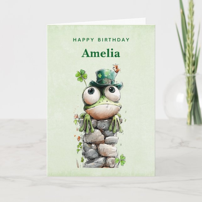 Carte Frog with Green Hat and Shamrock Cute Birthday (Devant)