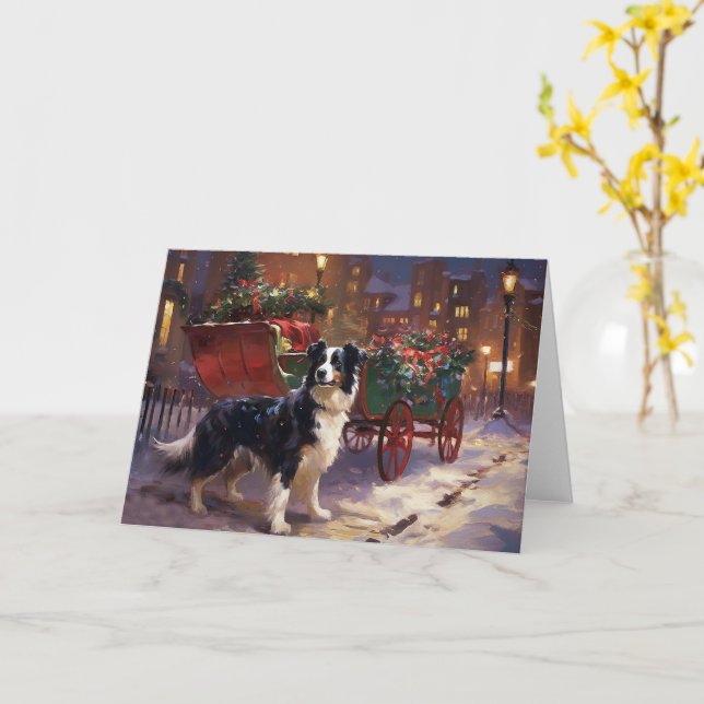 Carte Frontière Collie Festive de Noël (Fleur jaune)