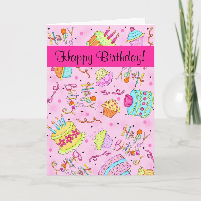 Carte Fuchsia Pink Cupcakes /Cake Custom Joyeux Annivers (Devant)