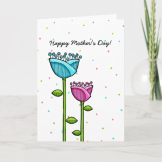 Carte Fun Doodle Flowers bleu rose points Fête des Mères