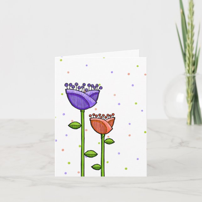 Carte Fun Doodle Flowers violet orange points Note Card (Devant)