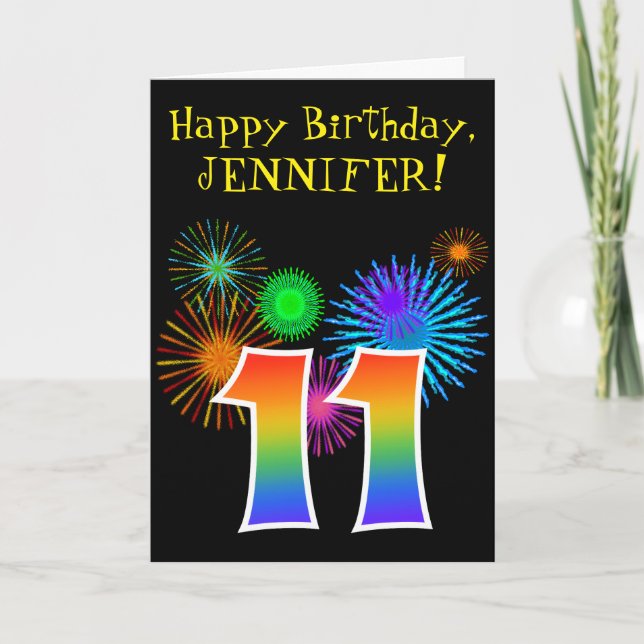 Carte Fun Fireworks + Rainbow Motif "11" Anniversaire # (Devant)