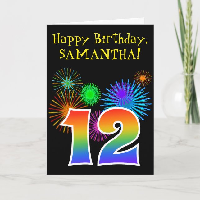 Carte Fun Fireworks + Rainbow Motif "12" Anniversaire # (Devant)