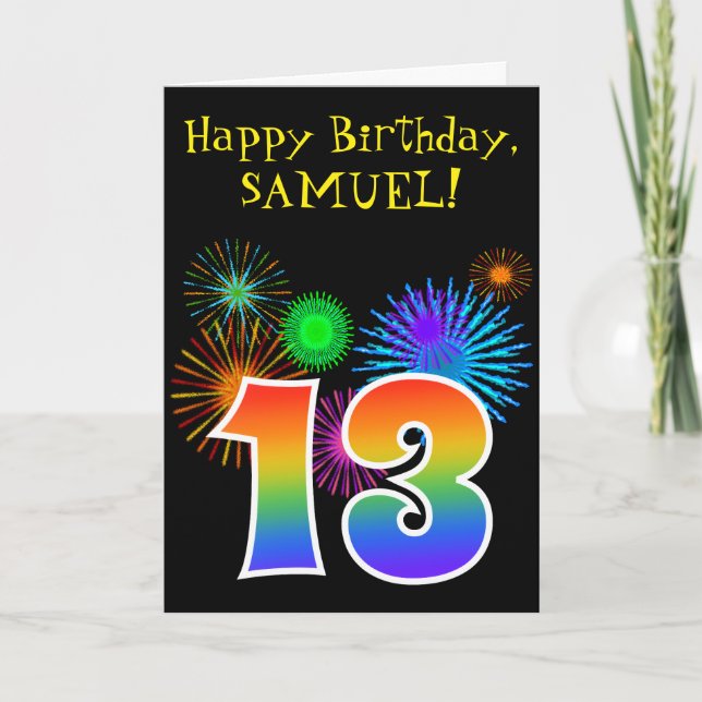 Carte Fun Fireworks + Rainbow Motif "13" Anniversaire # (Devant)