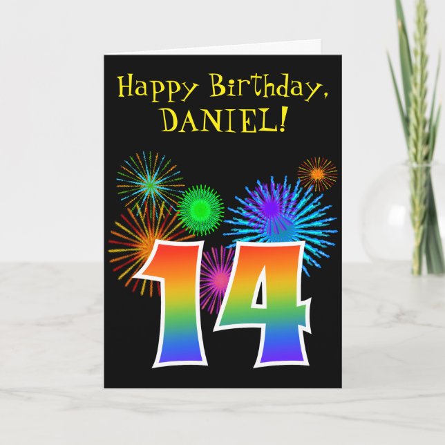Carte Fun Fireworks + Rainbow Motif "14" Anniversaire # (Devant)