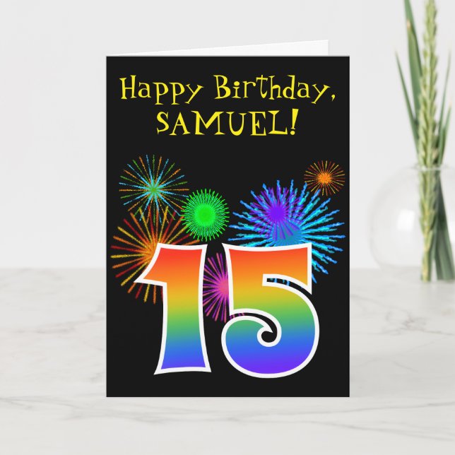 Carte Fun Fireworks + Rainbow Motif "15" Anniversaire # (Devant)
