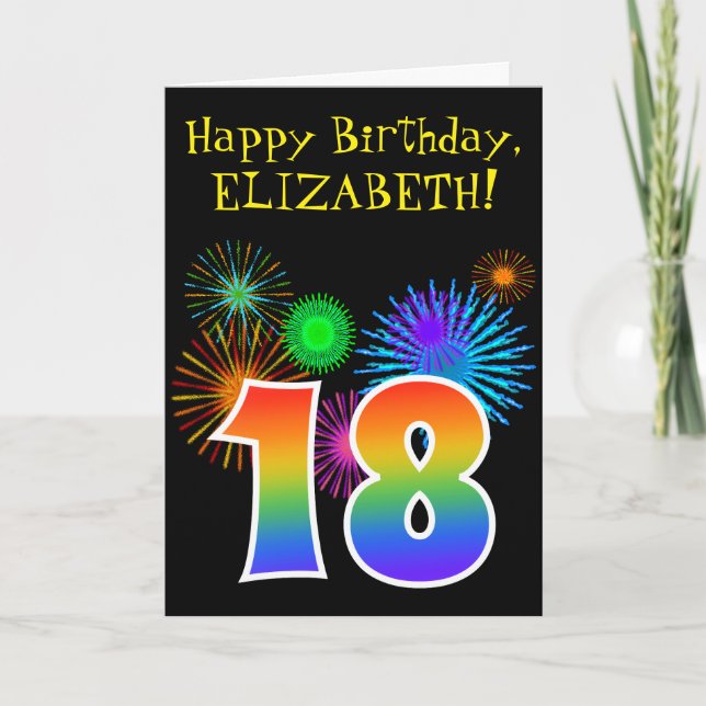 Carte Fun Fireworks + Rainbow Motif "18" Anniversaire # (Devant)