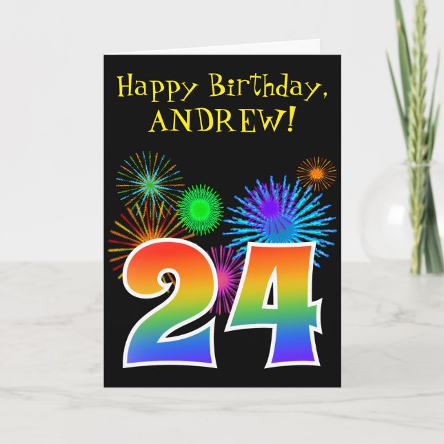 Carte Fun Fireworks + Rainbow Motif "24" Anniversaire # (Devant)
