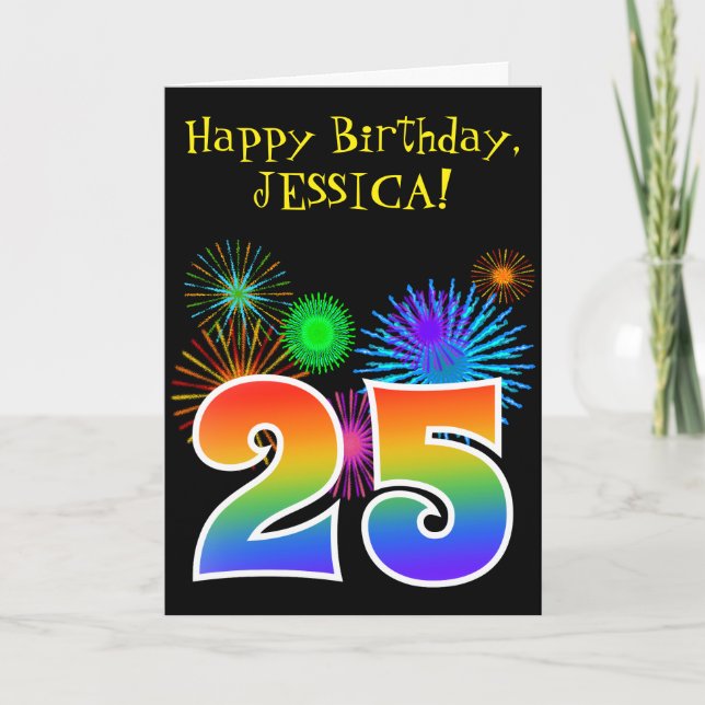 Carte Fun Fireworks + Rainbow Motif "25" Anniversaire # (Devant)