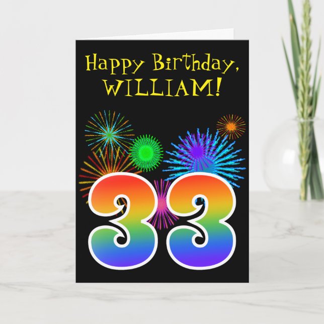 Carte Fun Fireworks + Rainbow Motif "33" Anniversaire # (Devant)