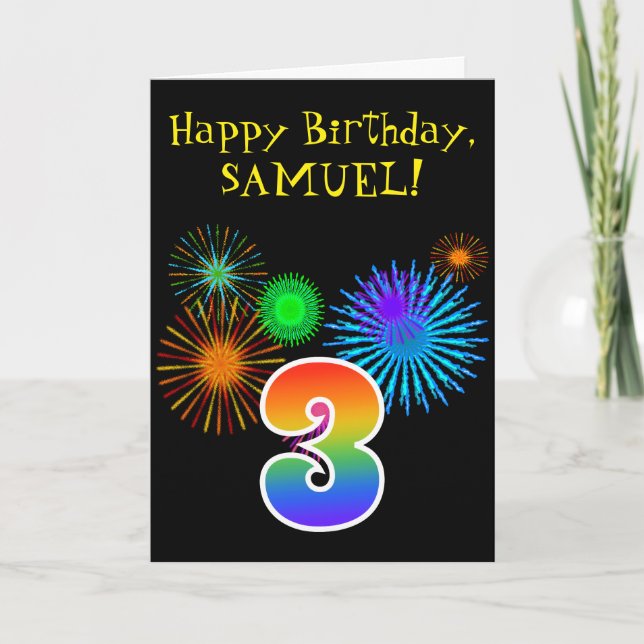 Carte Fun Fireworks + Rainbow Motif "3" Anniversaire # (Devant)
