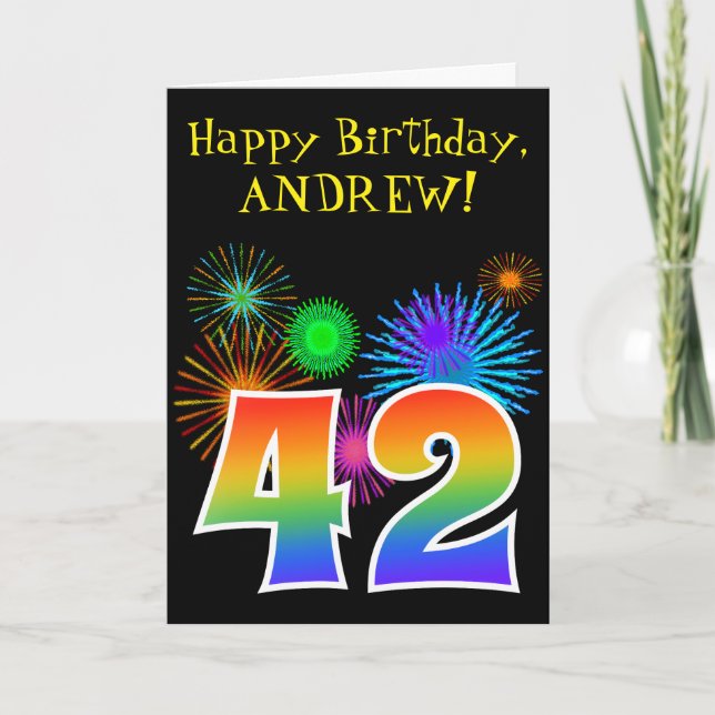 Carte Fun Fireworks + Rainbow Motif "42" Anniversaire # (Devant)