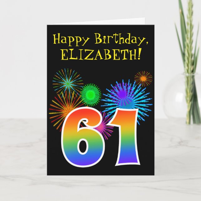 Carte Fun Fireworks + Rainbow Motif "61" Anniversaire # (Devant)